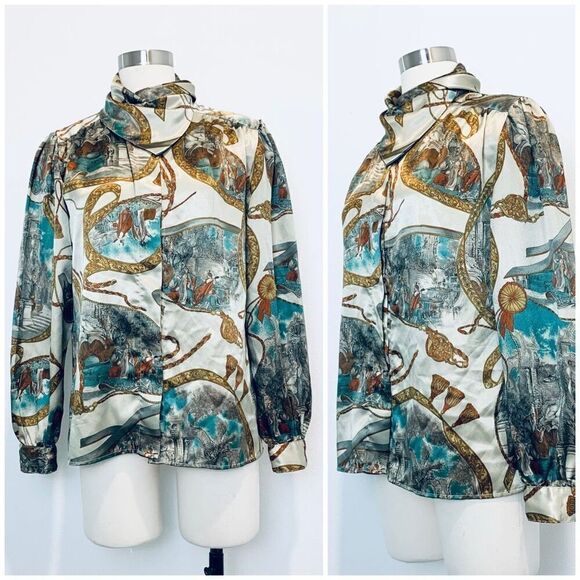 Vintage Eva Laurel Tan Satin Blouse Button Down 8 M Greek Renaissance - Picture 1 of 8